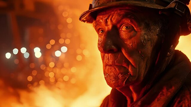 The fiery heat from the blast furnace illuminates the wrinkled face of a veteran worker, his protective gear shining under the intense glow.