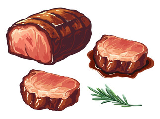 Roast beef and juicy meat steak with rosemary isolated on white background. Sliced of dry cured meat. Vector illustration in eps 10. Suitable for menu, recipe and cookbook 