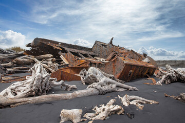  S.S. Waitangi shipwreck. Thriftwood. Rusty shipwreck at Mana Bay New Zealand. Patea. Taranaki....