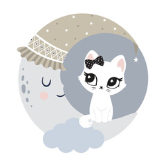 Cute cat with night moon. Pink, black, white cutie cat portrait in pastel colors. Sticker, wall art, background, kids room decor. Cat cute face, portrait, kitten, pretty animal, little pussycat, pet