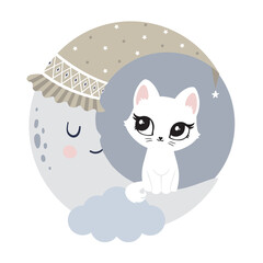 Cute cat with night moon. Pink, black, white cutie cat portrait in pastel colors. Sticker, wall art, background, kids room decor. Cat cute face, portrait, kitten, pretty animal, little pussycat, pet