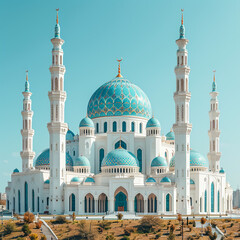 Fototapeta na wymiar Sharjah Mosque Largest Masjid in Dubai, Ramadan Eid Concept background, Arabic Letter means: Indeed, prayer has been decreed upon the believers a decree of specified times, Travel and tourism image