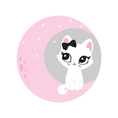 Cute cat with night moon. Pink, black, white cutie cat portrait in pastel colors. Sticker, wall art, background, kids room decor. Cat cute face, portrait, kitten, pretty animal, little pussycat, pet