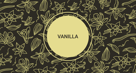 Isolated vector set of vanilla. Pattern. Vanilla sticks, vanilla flower and pods. Aroma, food. Hand drawn. Vector hand drawn illustration of orchid Flower and pods on isolated white background.
