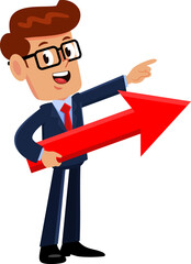 Businessman Cartoon Character Holding Arrow And Pointing. Vector Illustration Flat Design Isolated On Transparent Background