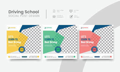 Driving school social media post for learning square banner ad design. High-quality car & vehicle driving school social media post suitable layout for advertising. Vol - 22