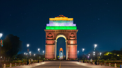 Night View of The India Gate, a war memorial located at Kartavya Path, New Delhi, India