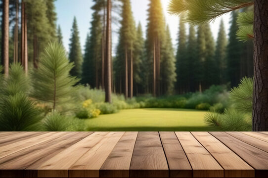 Cartoon image of empty wooden table at greenery garden background, abstract pictures. Panoramic woodland pic style. Gardening concept. Copy ad text space. Generative cartoon Ai illustration