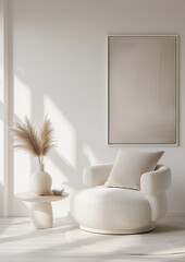 modern white  living room large frame on wall mock up - 724544018