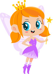 Cute Tooth Fairy Girl Cartoon Character Flying With Magic Wand. Vector Illustration Flat Design Isolated On Transparent Background
