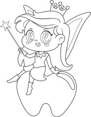 Outlined Cute Tooth Fairy Girl Cartoon Character Sitting On Tooth With Magic Wand. Vector Hand Drawn Illustration Isolated On Transparent Background