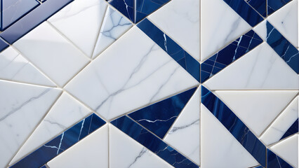 geometric background of white marble tiles showcasing a captivating blue color