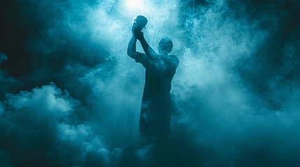 Silhouette of a man holding a trophy in front of a stage lights