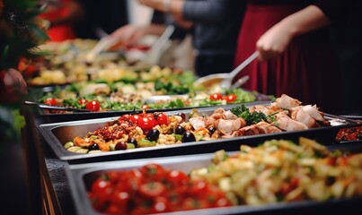 Obraz premium People are enjoying Amazing catering food, banquet table with different delicious foods on luxury celebration or wedding