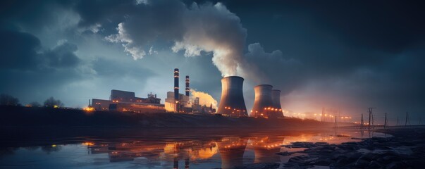 Nuclear power plant with big cooling towers in amazing background - obrazy, fototapety, plakaty