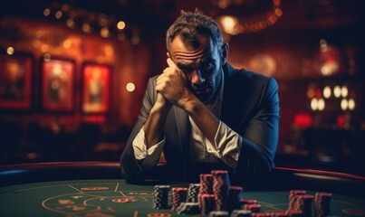 A sad man sitting at a gambling table in casino. - obrazy, fototapety, plakaty