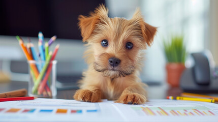A terrier puppy humorously posed as a marketing manager, with crayons and financial reports on a desk, creating a lighthearted take on professional finance jobs Created Using funny animal photo