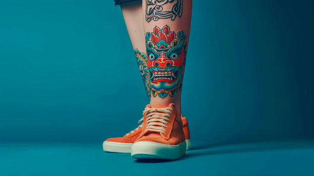 AI generated illustration of a lower leg with a colorful tattoo of an East Asian guardian lion