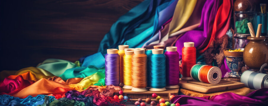 colored bright fabric. detail of sewing color material like fabric, cotton, spool of thread.