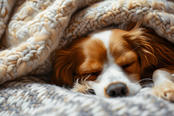 Dog sleeping in cozy comfort wrapped in a brightly colored blanket on a couch. 