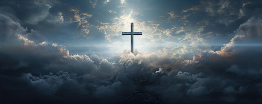 cross in clouds symbol of the death and resurrection , copy space for text.