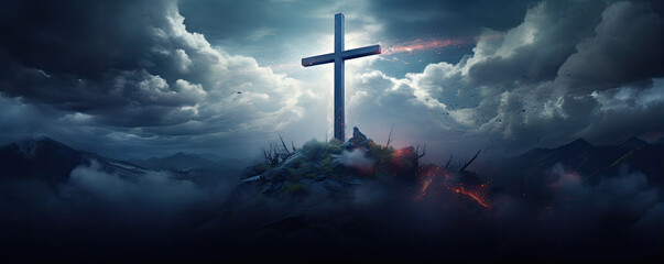 cross in clouds symbol of the death and resurrection , copy space for text. - obrazy, fototapety, plakaty