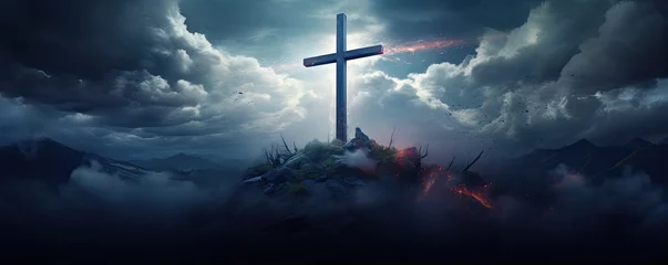 Fotobehang cross in clouds symbol of the death and resurrection , copy space for text. © Alena