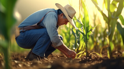 Naklejka na ściany i meble Farmer checks corn sprouts at sunrise
