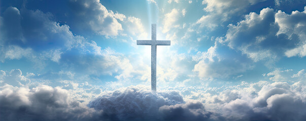 cross in clouds symbol of the death and resurrection , copy space for text.