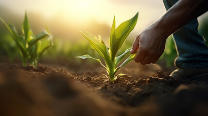 Farmer checks corn sprouts at sunrise - obrazy, fototapety, plakaty