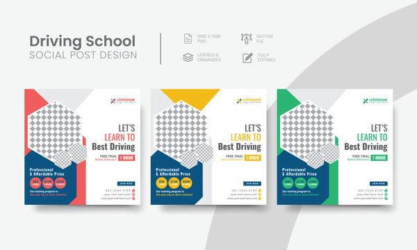 Driving school social media post for learning square banner ad design. High-quality car & vehicle driving school social media post suitable layout for advertising. Vol - 29
