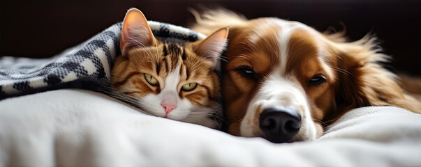 Cute cat and dog sleeping together under blanket in bed. Bored happy coulpe. copy space for text.