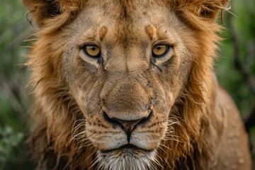 Fototapeta premium African male lion headshot looking into came