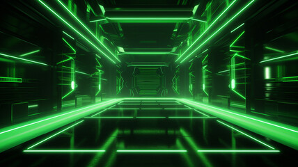 green neon lights background, empty interior futuristic architecture