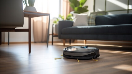 grey modern autonomous vacuum cleaner cleans the floor - obrazy, fototapety, plakaty