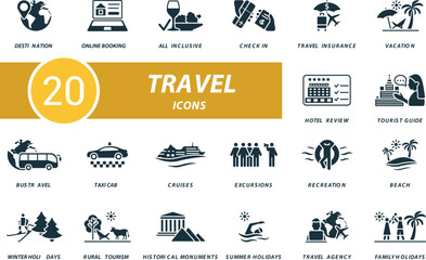 Travel icons set. Creative icons: destination, online booking, all inclusive, check in, travel insurance, vacation, hotel review, tourist guide and more - obrazy, fototapety, plakaty