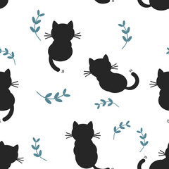 Seamless pattern with black cat and green leaf on white background vector illustration.