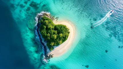 Fotobehang Heart-Shaped Tropical Island with Boat and Turquoise Water © ciprian