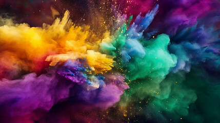 Fototapeta na wymiar Colored Powder Burst in Purple, Green, and Gold Mardi Gras Color Explosion