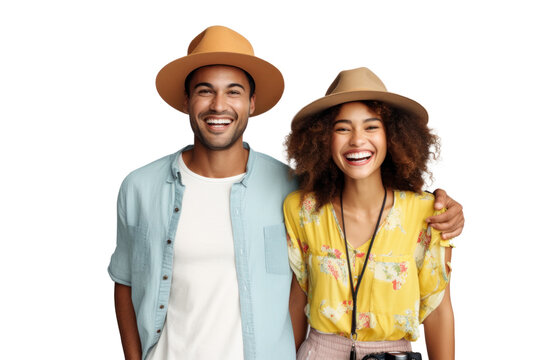 Joyful tourist couple with cameras, exploring and laughing together against transparent background
