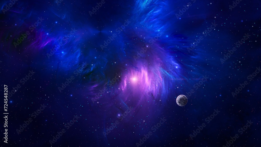 Wall mural space background. planet in colorful fractal blue and violet nebula. elements furnished by nasa. 3d 