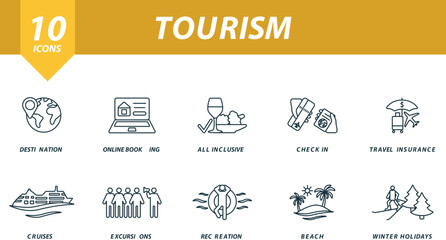 Tourism outline icons set. Creative icons: destination, online booking, all inclusive, check in, travel insurance, cruises, excursions, recreation, beach, winter holidays.