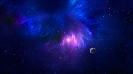 Space background. Planet in colorful fractal blue and violet nebula. Elements furnished by NASA. 3D rendering - 724548287