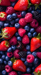 Wild berries mix, strawberry, raspberry, blueberry, blackberry  background