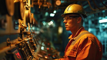 Worker in Safety Gear Monitoring Machinery in an Industrial Setting