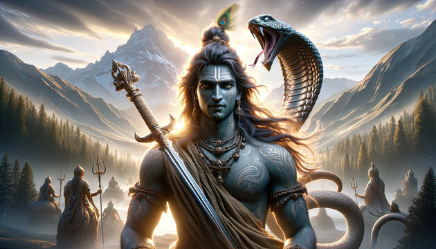 Hindu God Krishna with scared sword. AI Generated