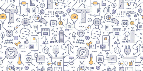 Internet of Things.  Doodle seamless pattern with various elements related IoT and modern communication technologies