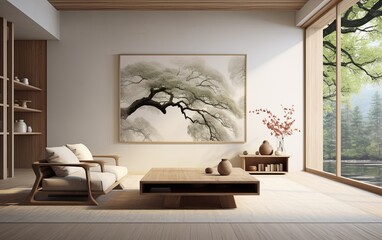 3d interior of a Japanese style interior living room a minimalistic design with natural elements