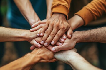 A successful group of professionals holding hands symbolizes unity, trust and cooperation in business.
