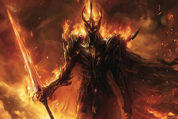 illustration of lord Sauron with burning eyes holding a mace in a terrifying hellish space